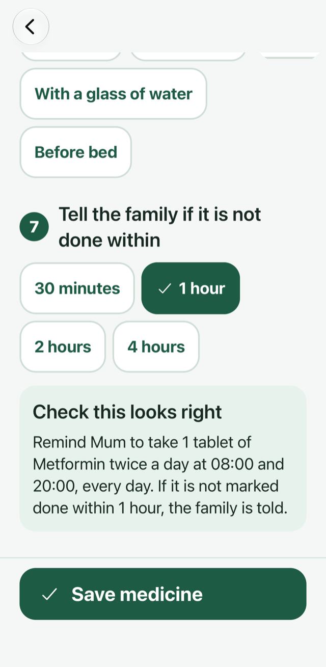 Add a medicine summary with Save medicine button